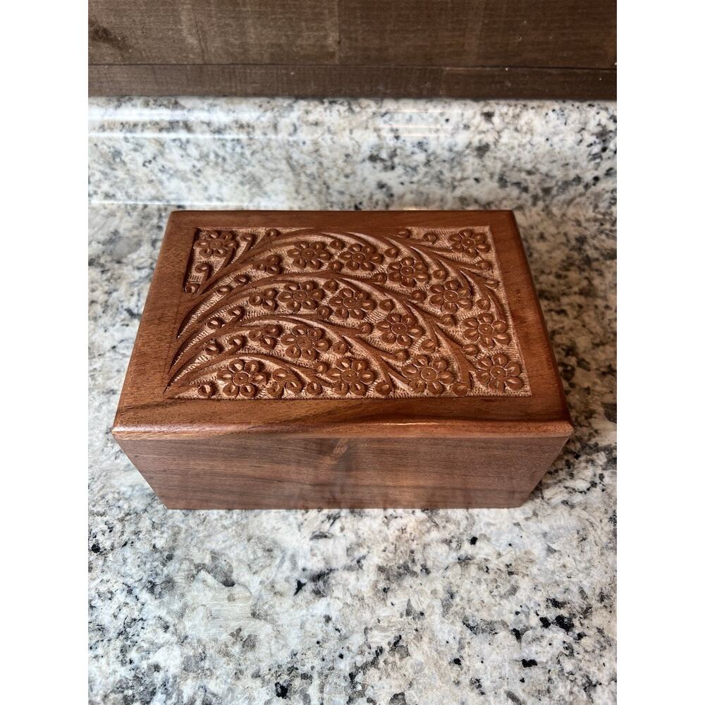 Hand Carved Wooden Floral Trinket / Memory Box with sliding secret closure
